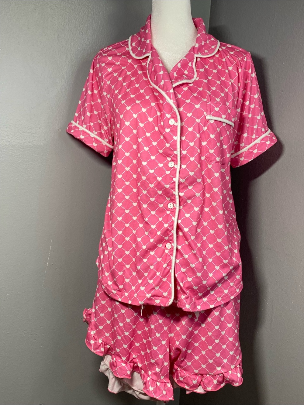 Jordann Jammies - ValentineHeart Lattice Short-Sleeve Pajama Set with White Trim